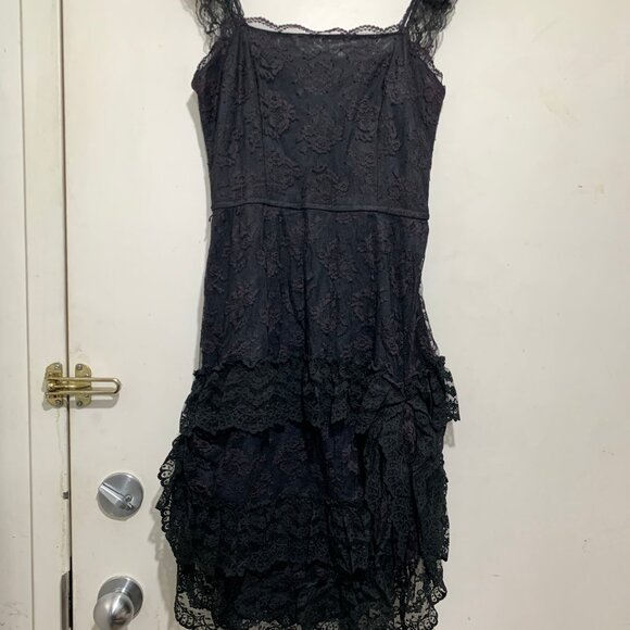 VINTAGE NU-MODE SLIM FIT SLEEVELESS RUFFLE LACE LITTLE BLACK DRESS SIZE S - Picture 5 of 12